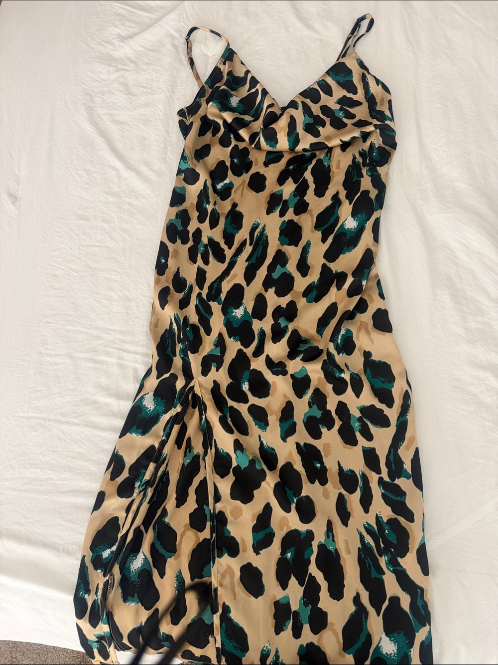 PrettyLittleThing Tan Leopard Slip Dress with Teal & Black Spots